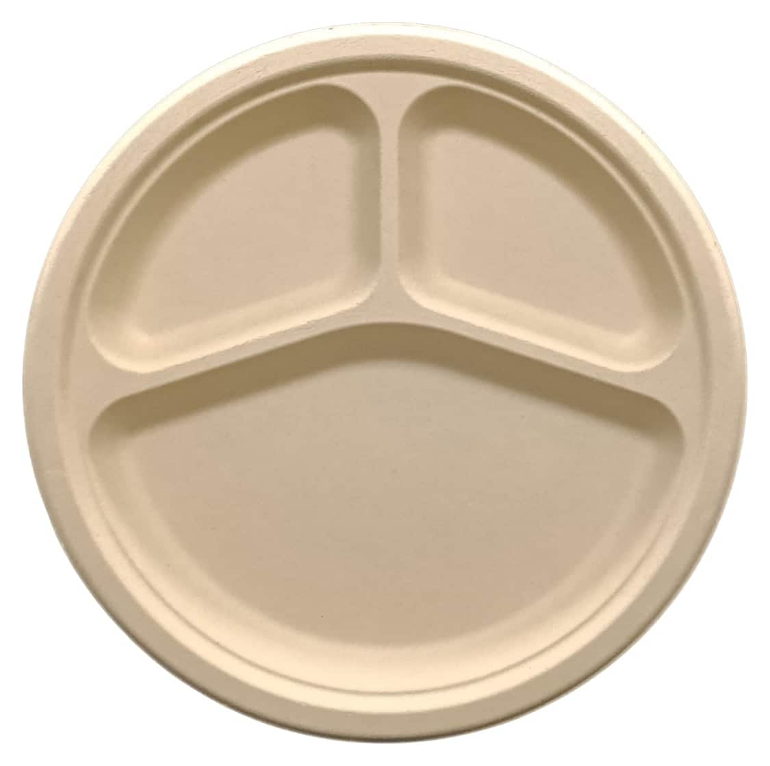 Bamboo fiber plates, 10 in, 3 compartments — bamboo fiber · set of 50