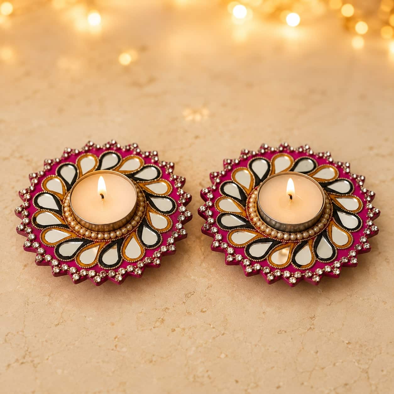 Pink mirror-work tea light holders — set of 2 · 4.5 in across, beside something familiar, for scale