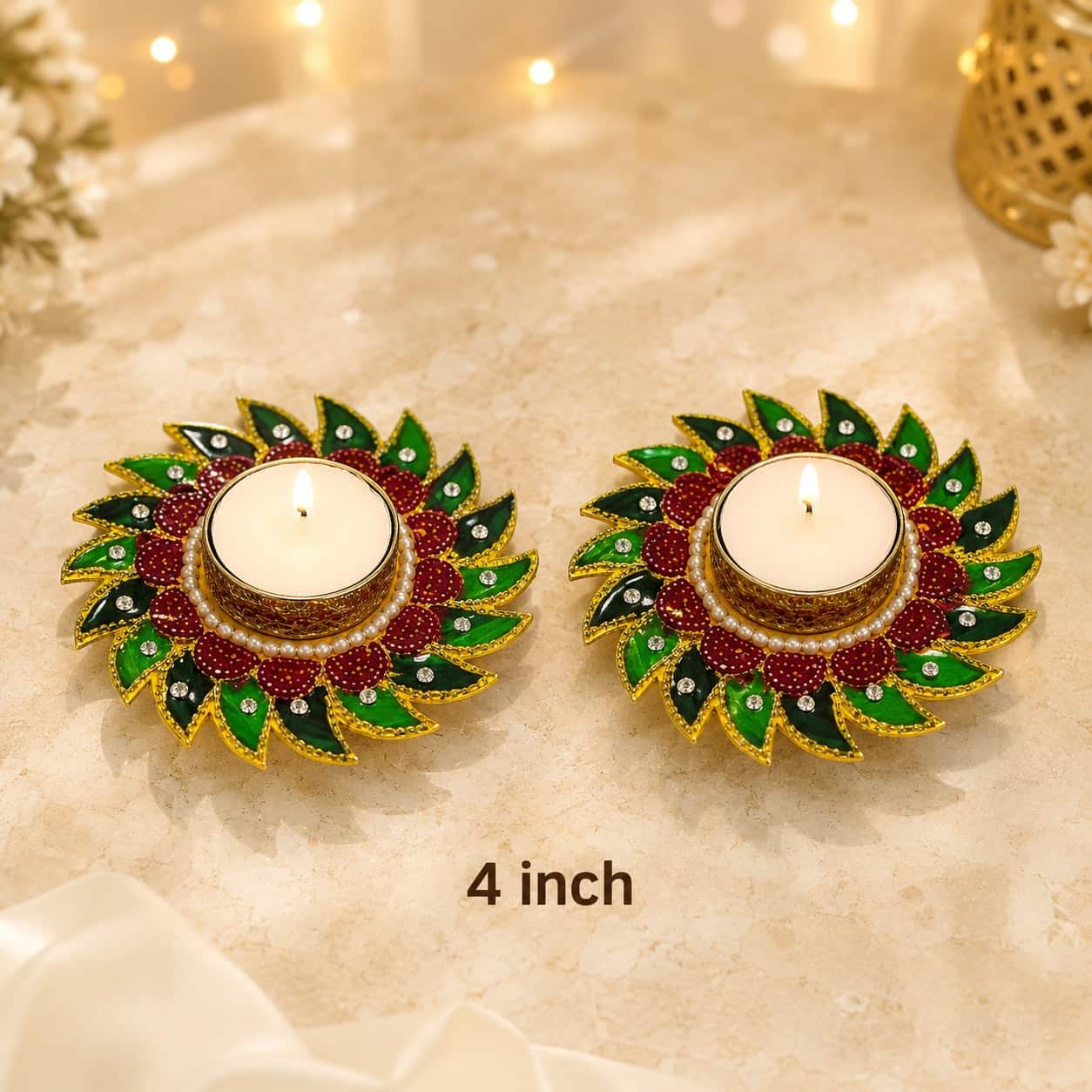 Meenakari sunflower tea light holders — meenakari · set of 2 · 4 in across, beside something familiar, for scale