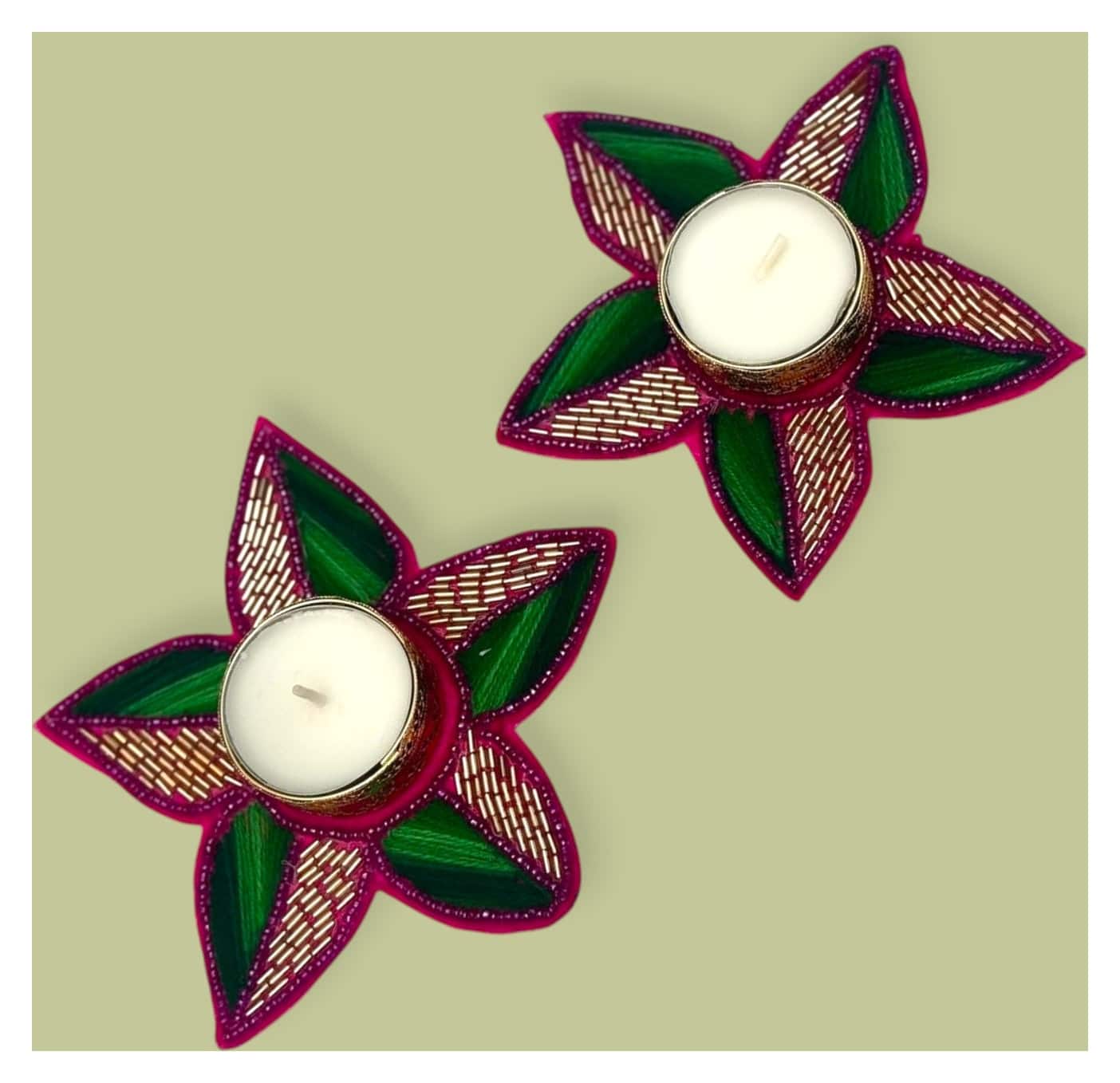 Pink and green zardozi flower tea light holders — set of 2 · 5 in across, beside something familiar, for scale