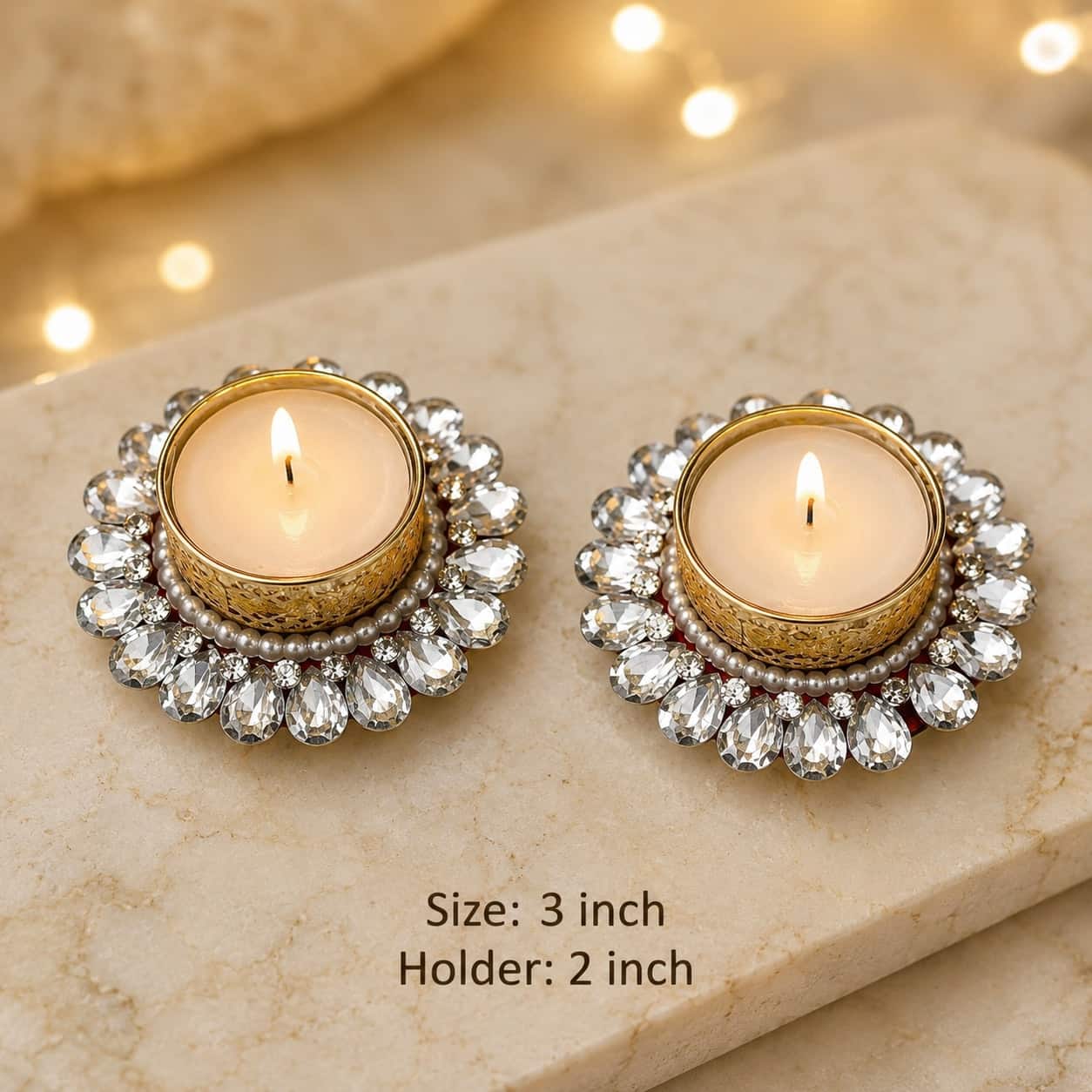 Crystal teardrop tea light holders — set of 2 · 3 in across
