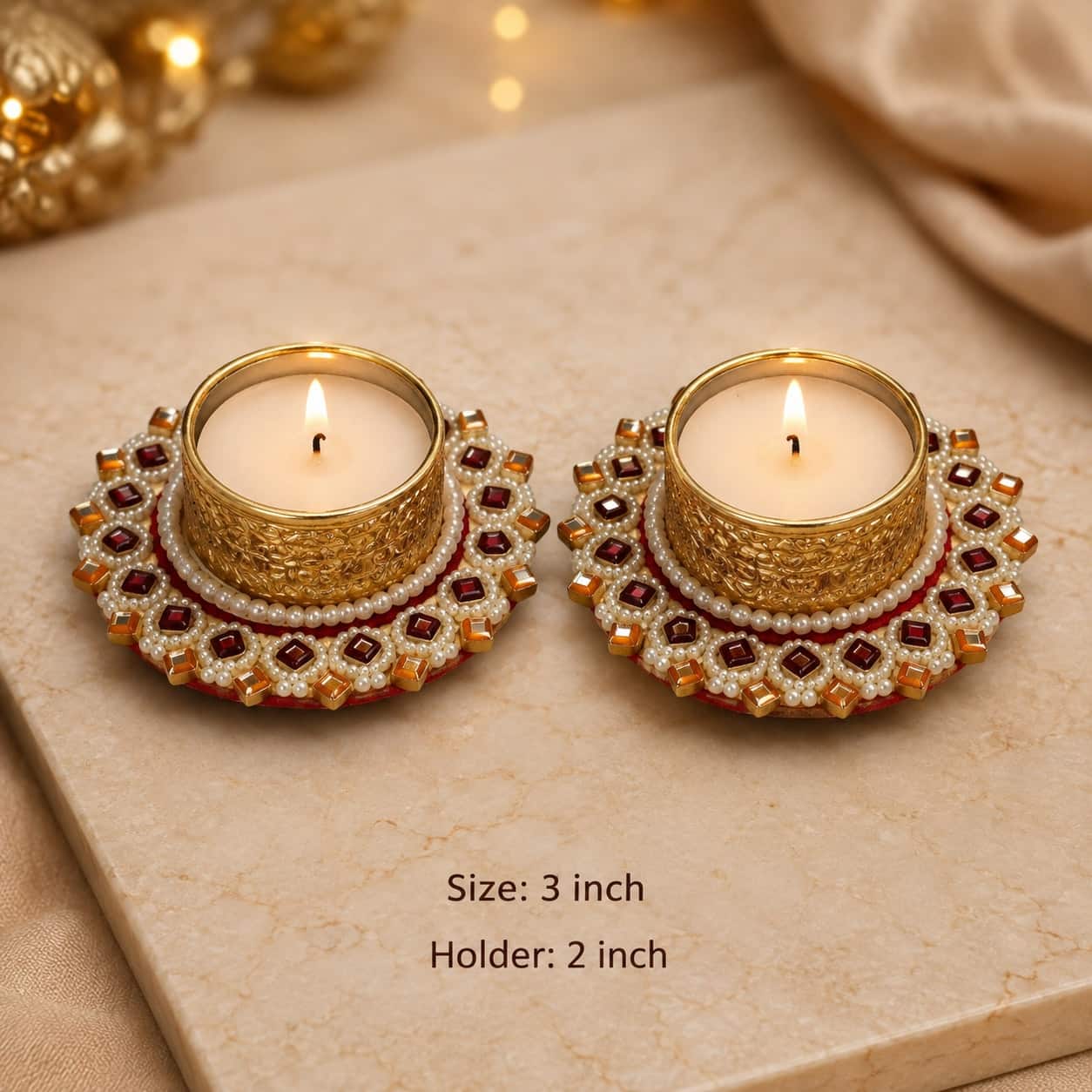 Kundan and pearl tea light holders — set of 2 · 3 in across