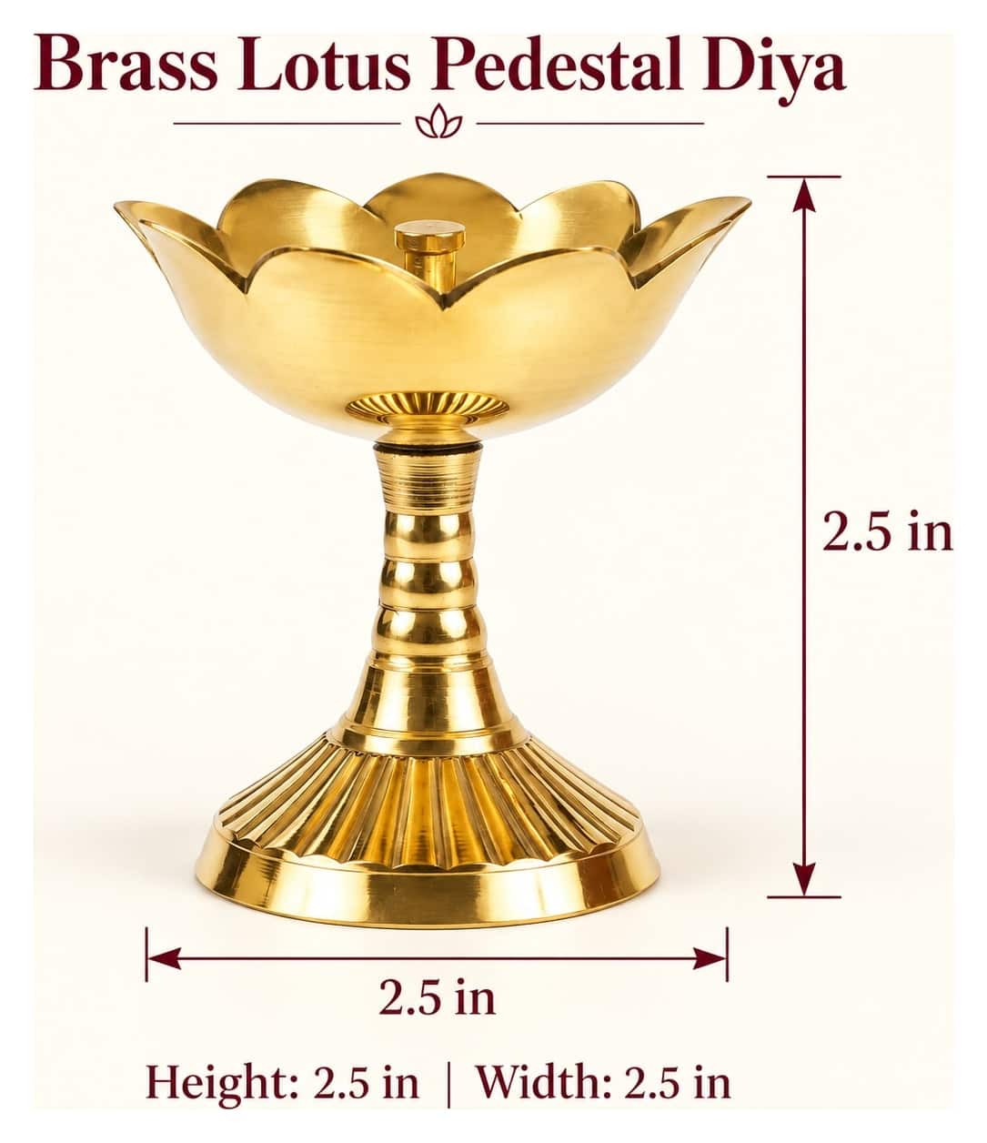 Brass lotus diya on a stand — brass, beside something familiar, for scale