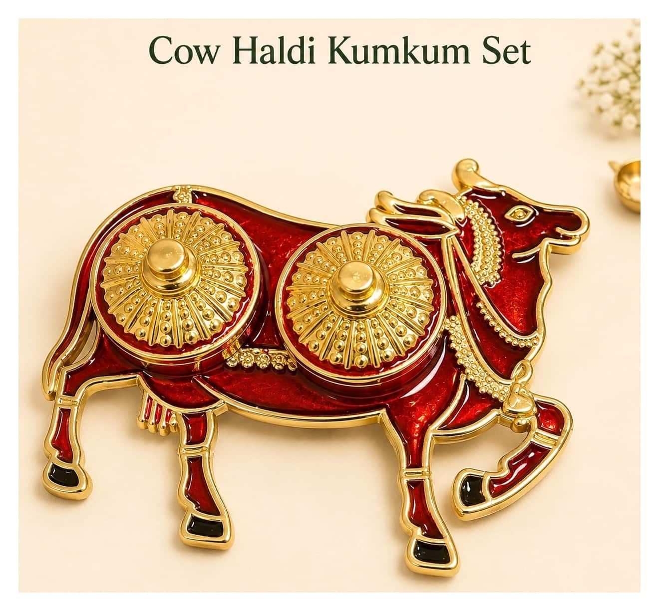 Cow shaped haldi kumkum plate, the Red option
