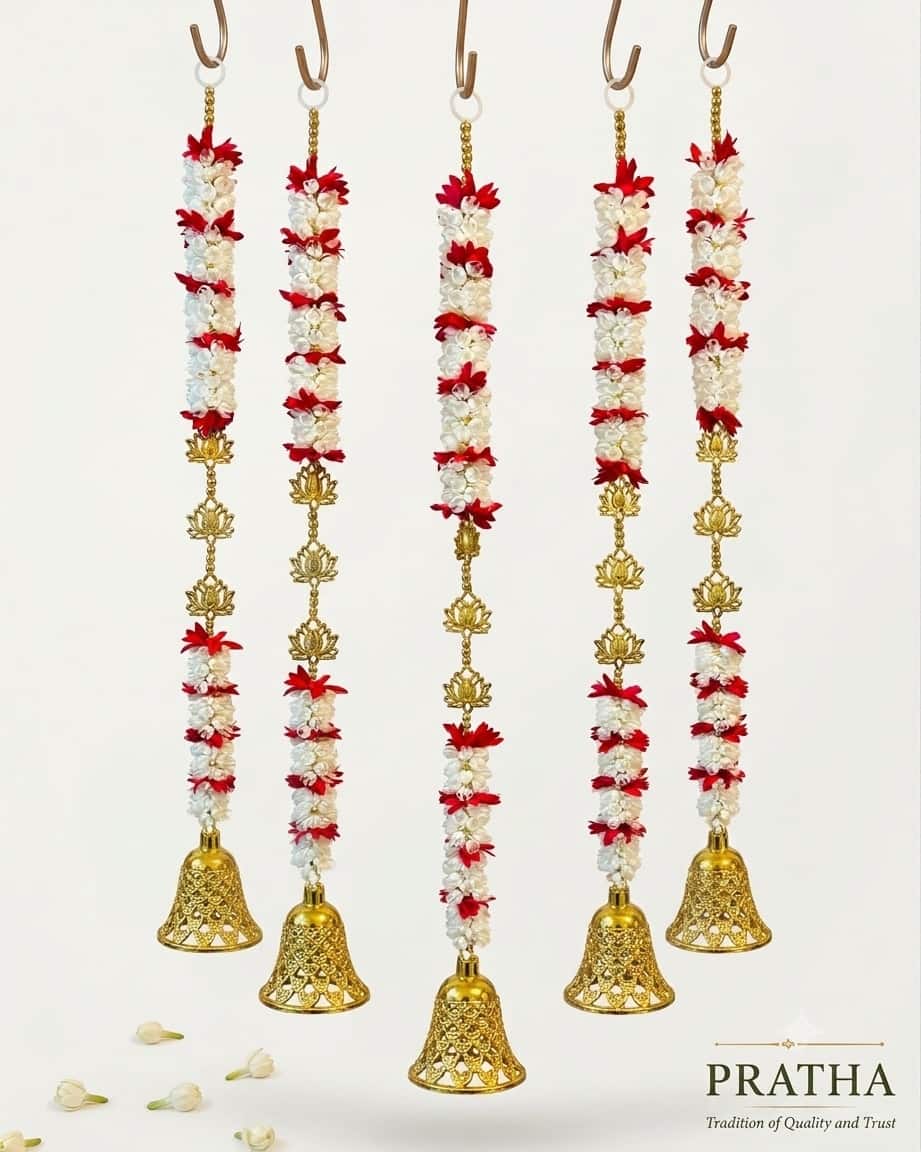 Jasmine garland with yellow bell — set of 5 · 2.5 ft tall, beside something familiar, for scale
