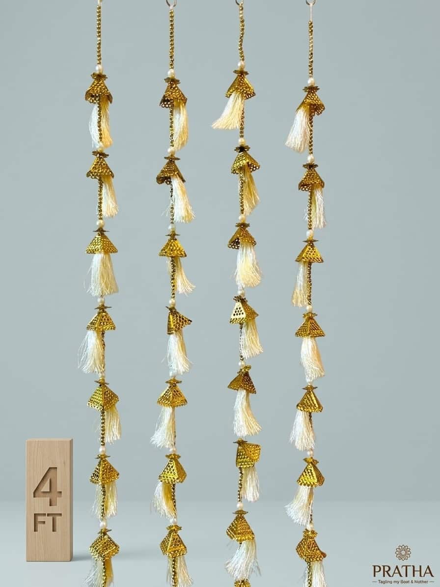 Golden jhumka with silk tassel garland — textile · set of 2 · 4 ft tall, the Cream option