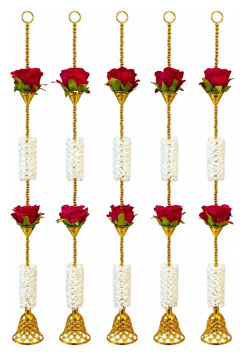 Rose and jasmine garland with yellow bell — set of 5 · 2.5 ft tall, beside something familiar, for scale
