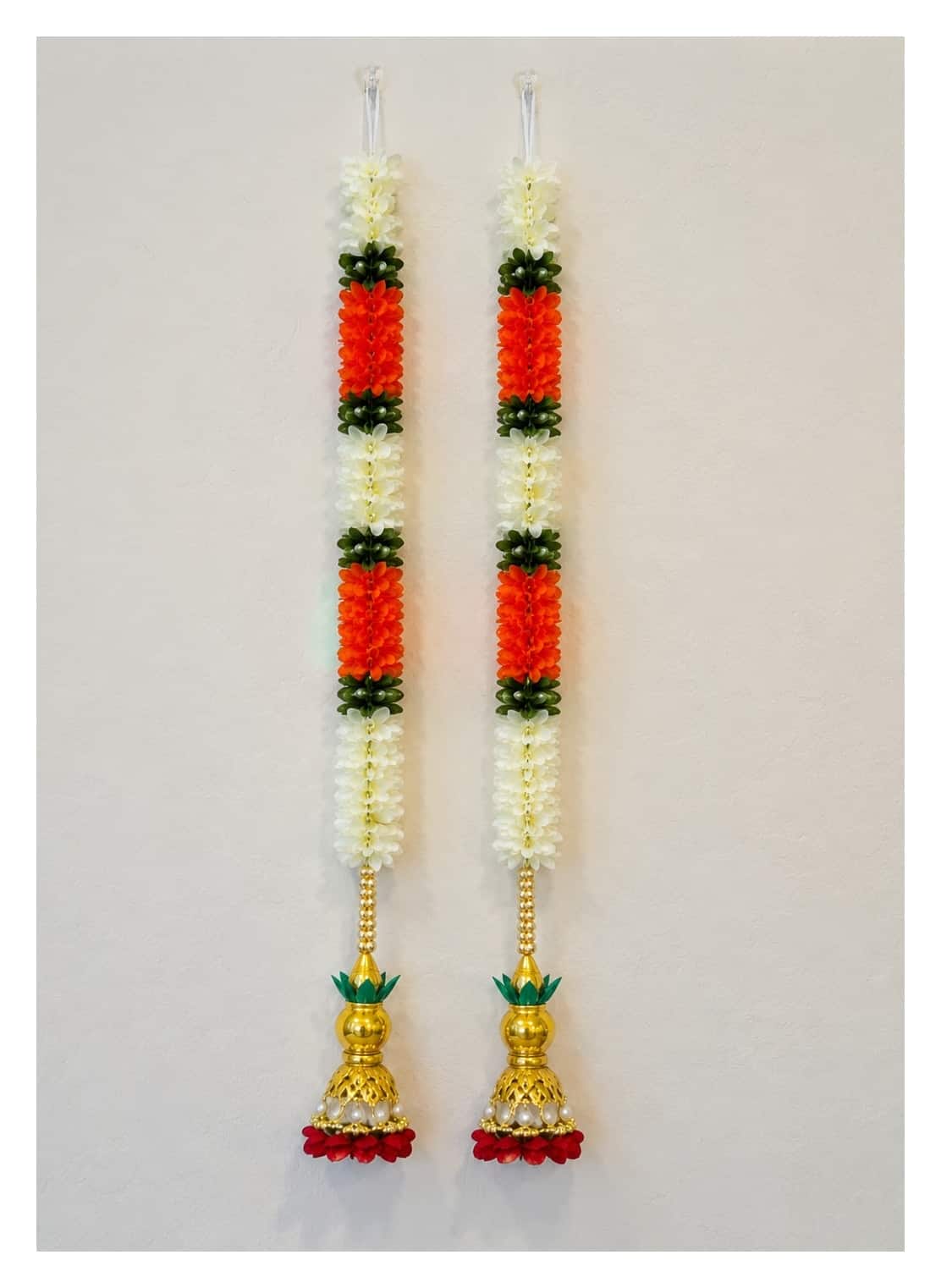 Floral hanging with kalash — set of 2 · 2 ft tall, beside something familiar, for scale