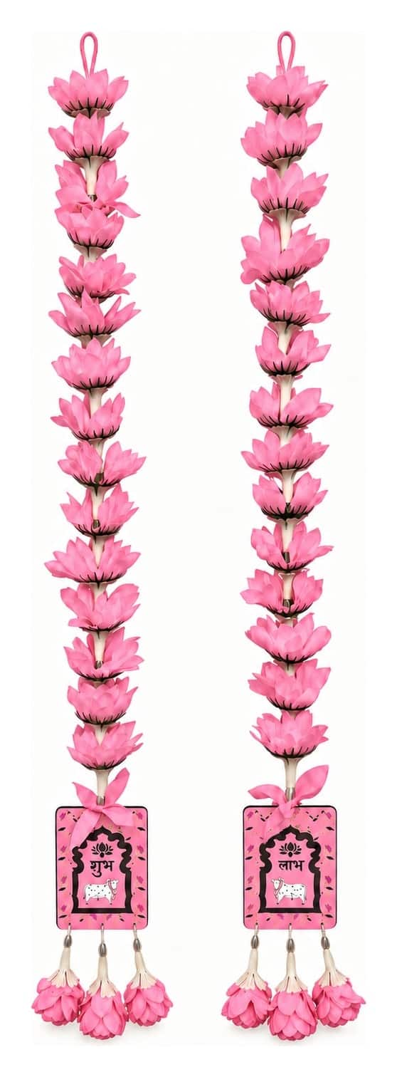 Elegant flower garland with Shubh Labh — set of 2 · 3 ft tall, beside something familiar, for scale