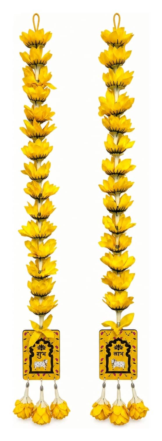 Elegant flower garland with Shubh Labh — set of 2 · 3 ft tall, the Yellow option