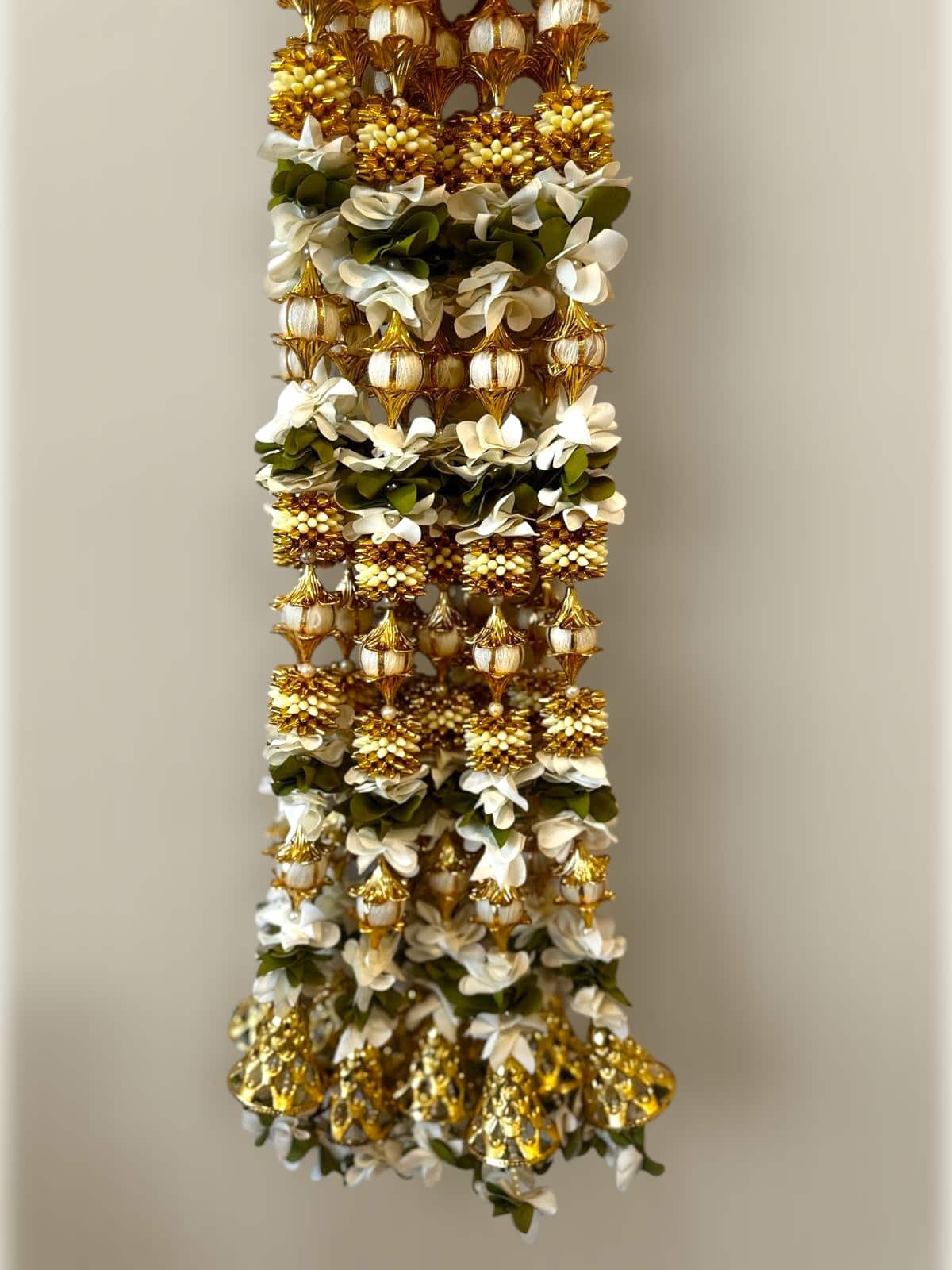 White and green golden floral garland with bell — set of 2 · 3 ft tall, beside something familiar, for scale
