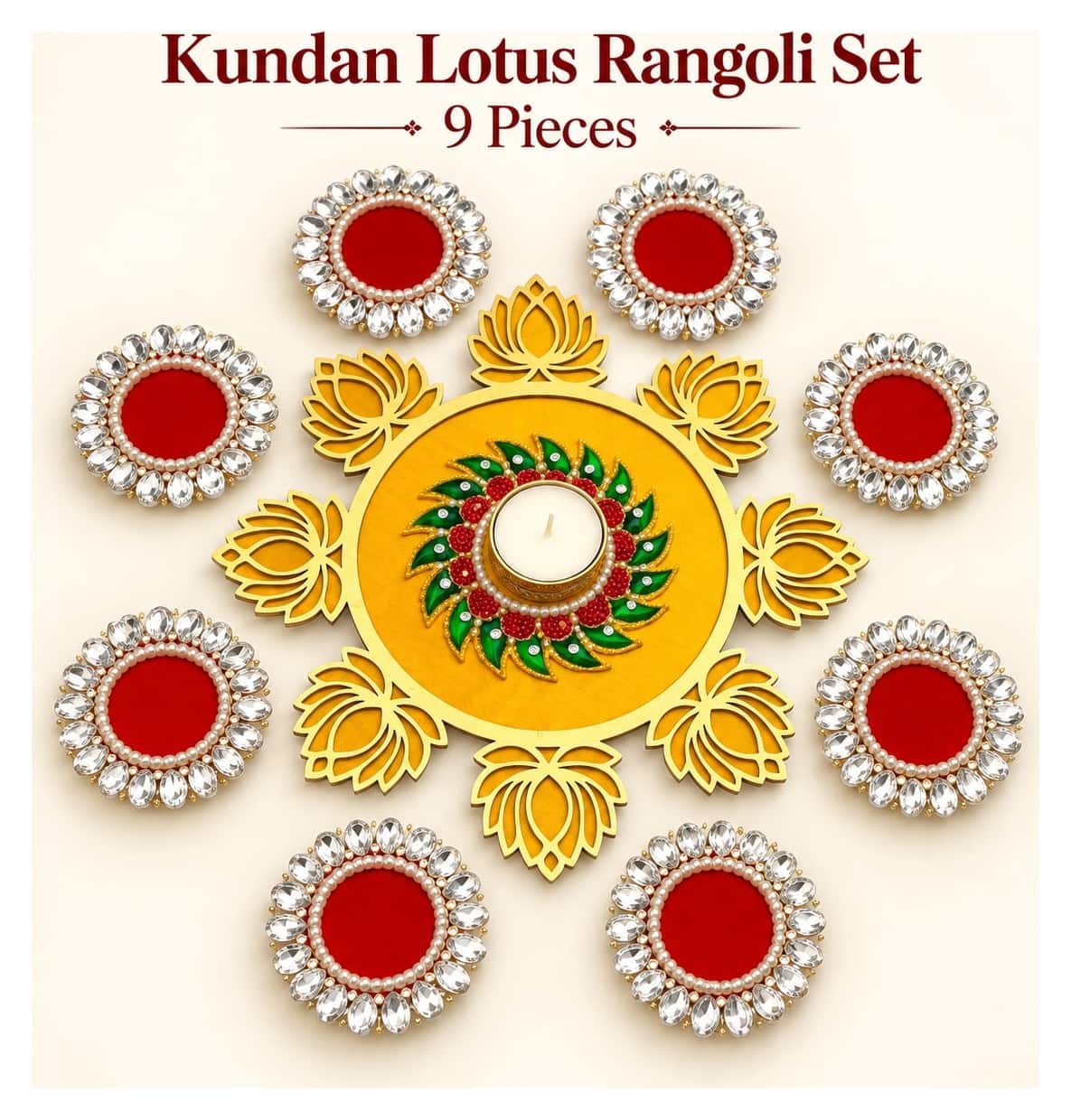 Yellow and red handmade rangoli set — set of 10