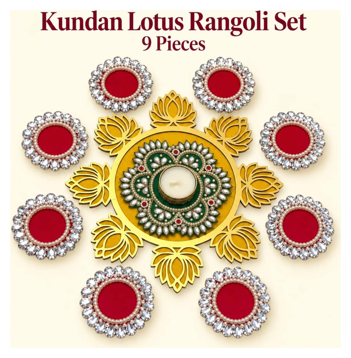 Kundan lotus rangoli set, green center — set of 10