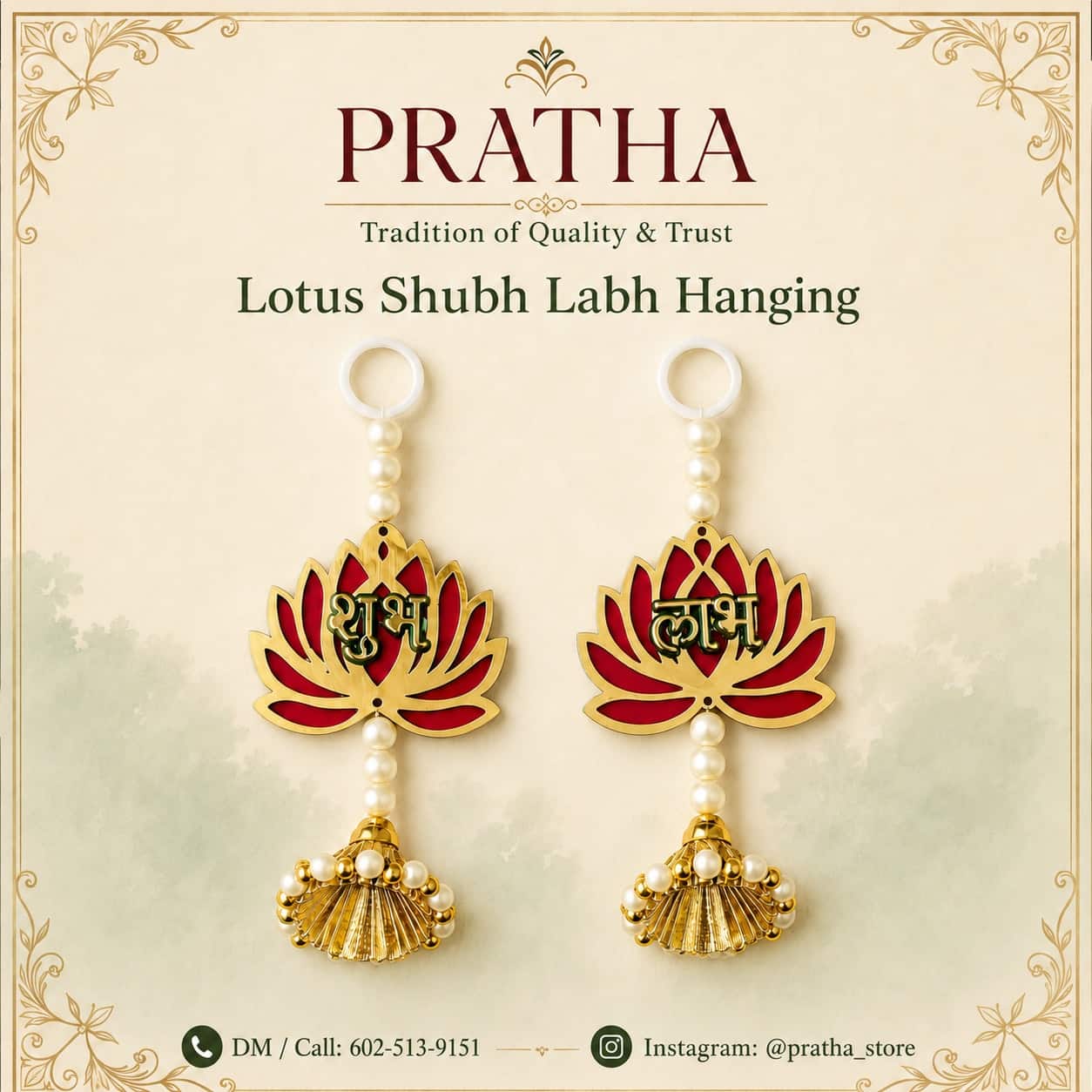 Lotus Shubh Labh with tassels — set of 2, beside something familiar, for scale