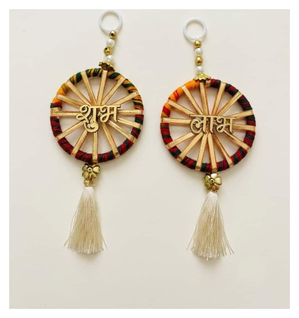 Chakra Shubh Labh hanging — set of 2, beside something familiar, for scale
