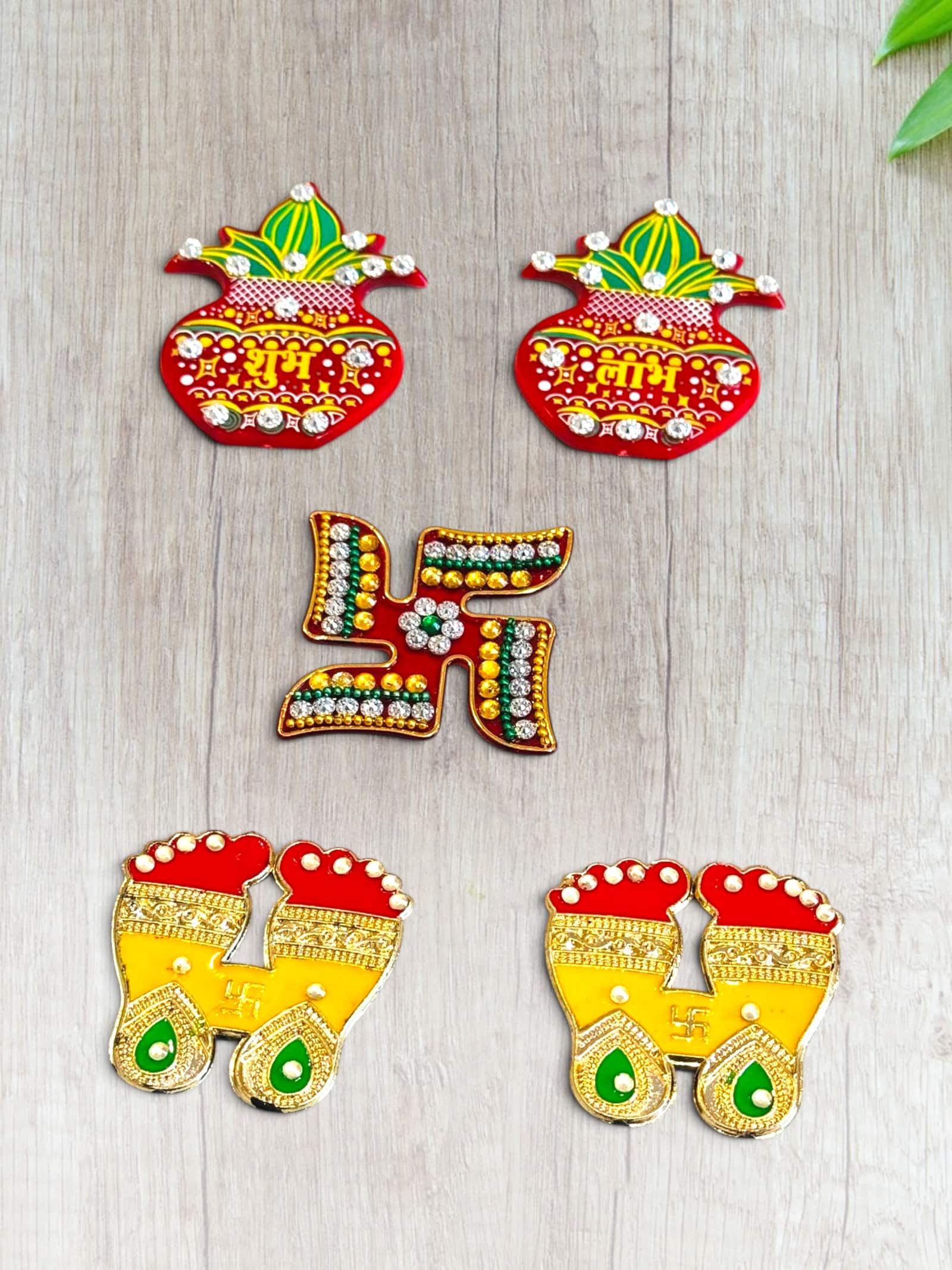 Self-adhesive Shubh Labh combo — set of 5, everything in the package, laid out